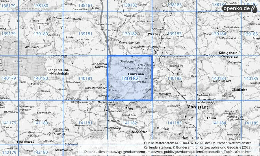 Übersichtskarte des KOSTRA-DWD-2020-Rasterfeldes Nr. 140182