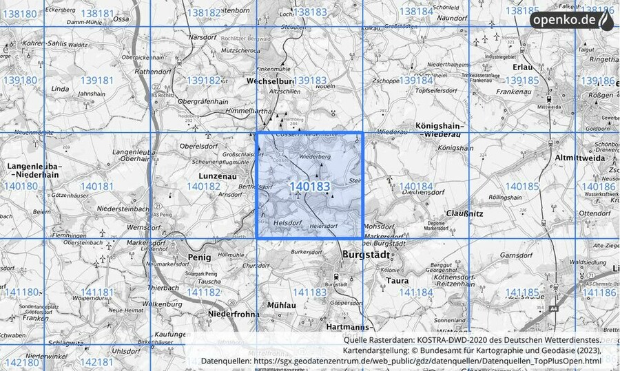 Übersichtskarte des KOSTRA-DWD-2020-Rasterfeldes Nr. 140183