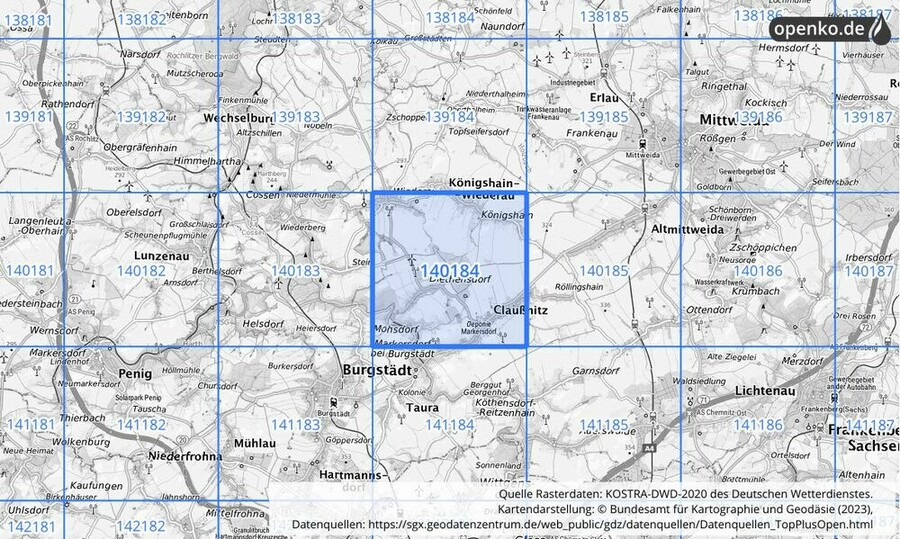 Übersichtskarte des KOSTRA-DWD-2020-Rasterfeldes Nr. 140184