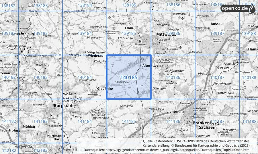 Übersichtskarte des KOSTRA-DWD-2020-Rasterfeldes Nr. 140185