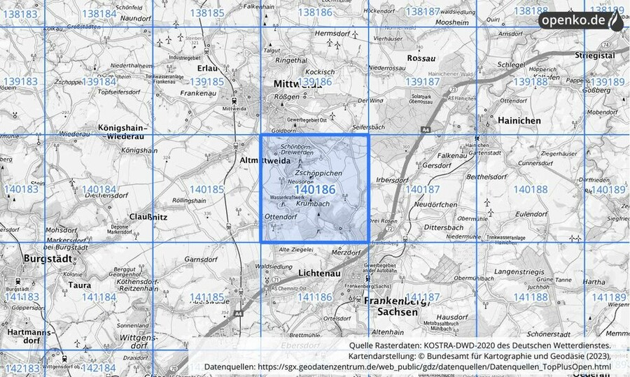 Übersichtskarte des KOSTRA-DWD-2020-Rasterfeldes Nr. 140186