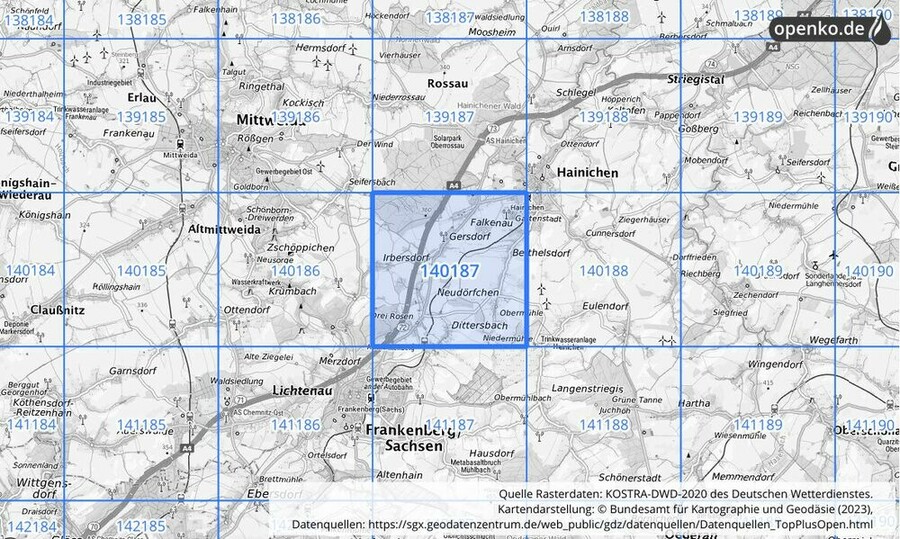 Übersichtskarte des KOSTRA-DWD-2020-Rasterfeldes Nr. 140187