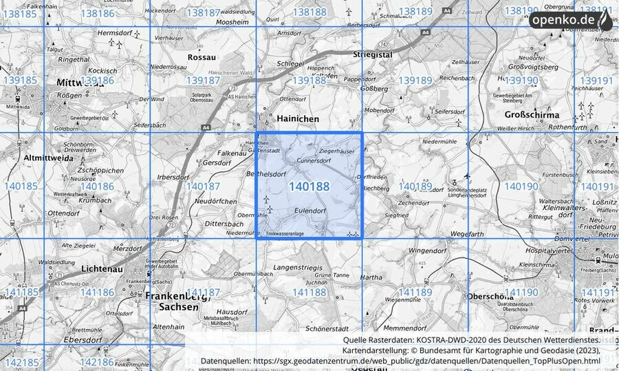 Übersichtskarte des KOSTRA-DWD-2020-Rasterfeldes Nr. 140188