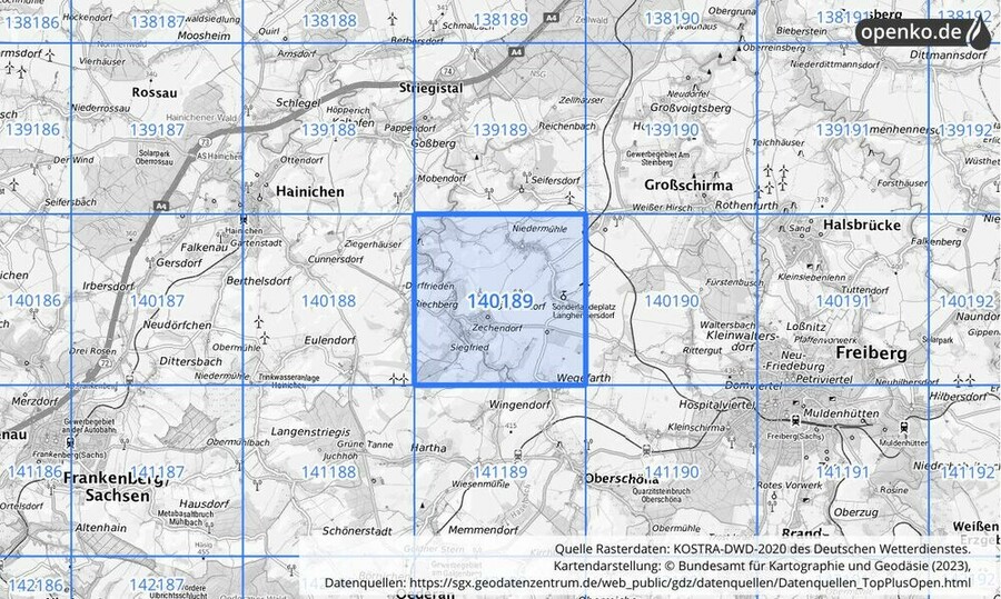 Übersichtskarte des KOSTRA-DWD-2020-Rasterfeldes Nr. 140189