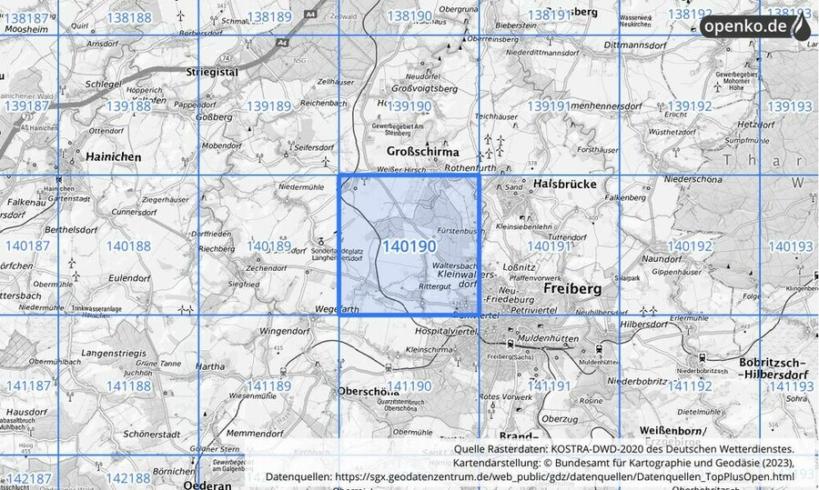 Übersichtskarte des KOSTRA-DWD-2020-Rasterfeldes Nr. 140190