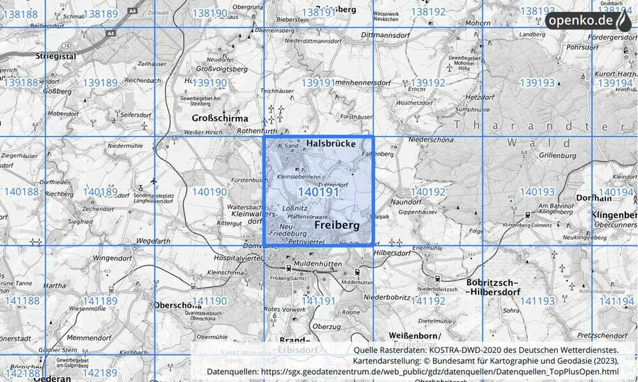 Übersichtskarte des KOSTRA-DWD-2020-Rasterfeldes Nr. 140191