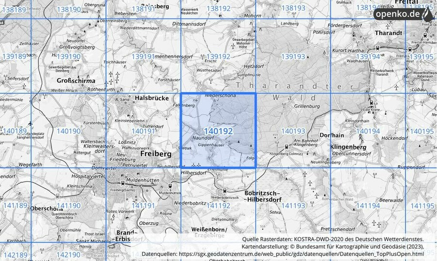 Übersichtskarte des KOSTRA-DWD-2020-Rasterfeldes Nr. 140192