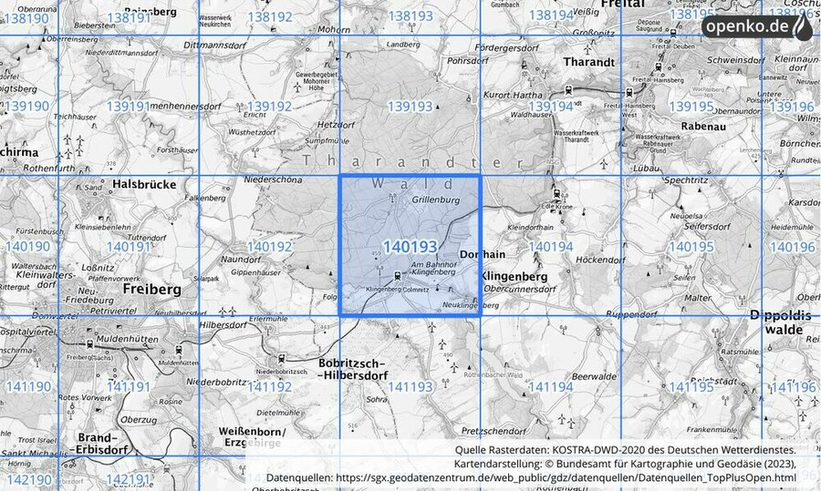 Übersichtskarte des KOSTRA-DWD-2020-Rasterfeldes Nr. 140193