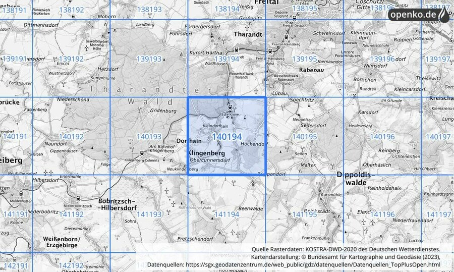 Übersichtskarte des KOSTRA-DWD-2020-Rasterfeldes Nr. 140194