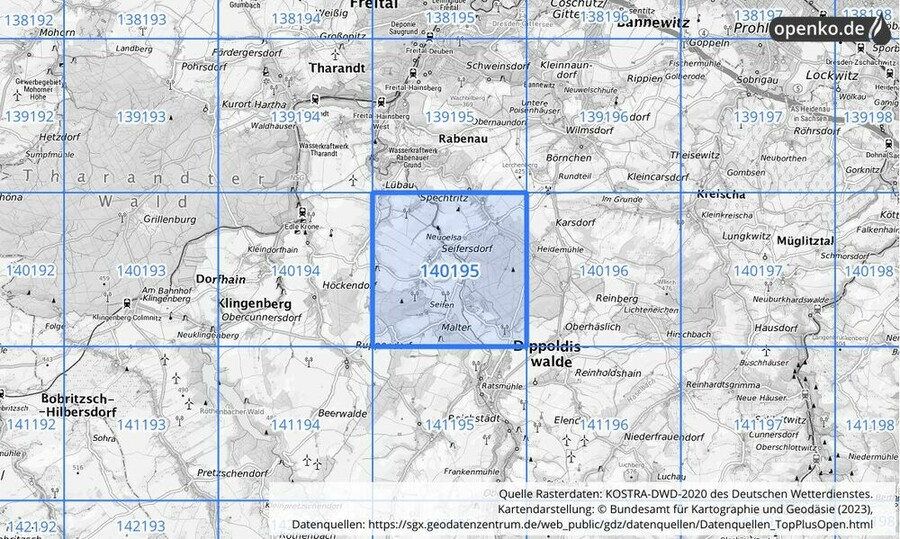 Übersichtskarte des KOSTRA-DWD-2020-Rasterfeldes Nr. 140195