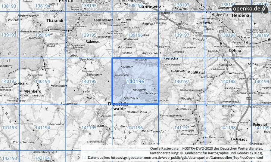 Übersichtskarte des KOSTRA-DWD-2020-Rasterfeldes Nr. 140196