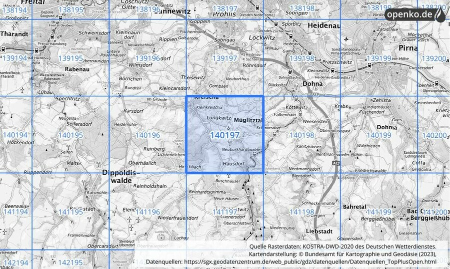 Übersichtskarte des KOSTRA-DWD-2020-Rasterfeldes Nr. 140197