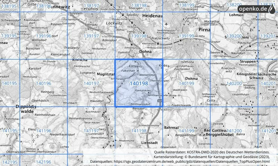 Übersichtskarte des KOSTRA-DWD-2020-Rasterfeldes Nr. 140198