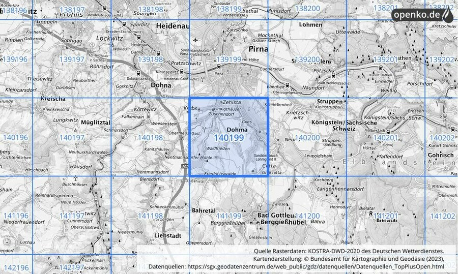 Übersichtskarte des KOSTRA-DWD-2020-Rasterfeldes Nr. 140199