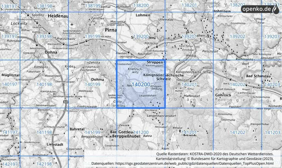 Übersichtskarte des KOSTRA-DWD-2020-Rasterfeldes Nr. 140200