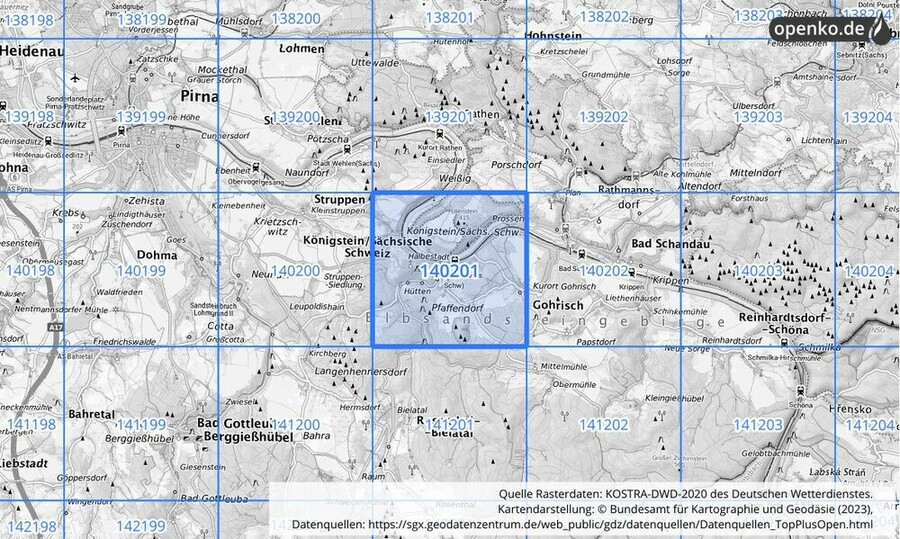 Übersichtskarte des KOSTRA-DWD-2020-Rasterfeldes Nr. 140201