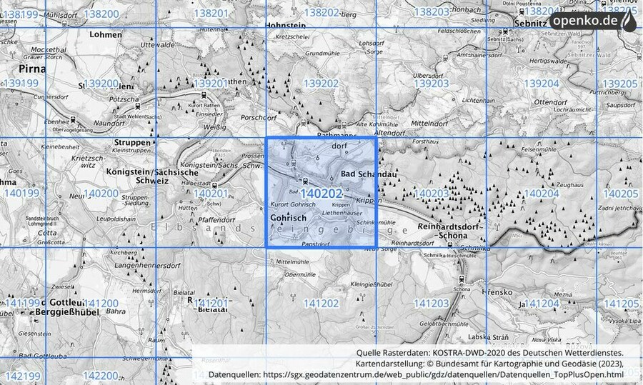 Übersichtskarte des KOSTRA-DWD-2020-Rasterfeldes Nr. 140202