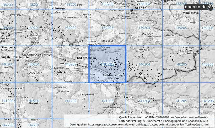 Übersichtskarte des KOSTRA-DWD-2020-Rasterfeldes Nr. 140203