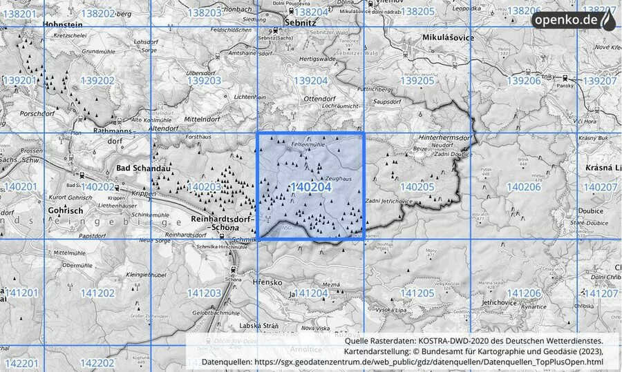 Übersichtskarte des KOSTRA-DWD-2020-Rasterfeldes Nr. 140204