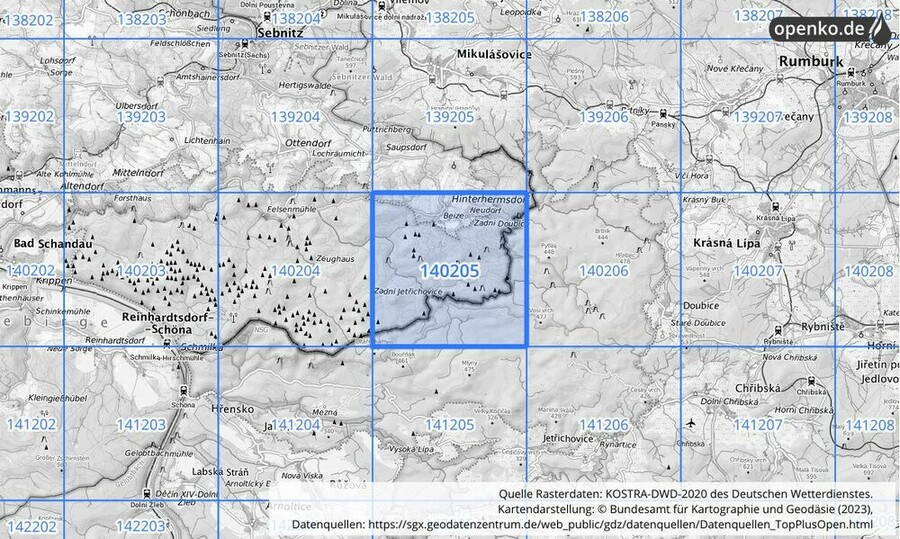 Übersichtskarte des KOSTRA-DWD-2020-Rasterfeldes Nr. 140205