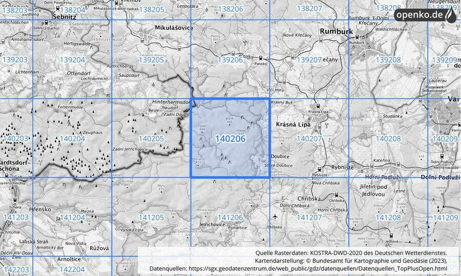 Übersichtskarte des KOSTRA-DWD-2020-Rasterfeldes Nr. 140206