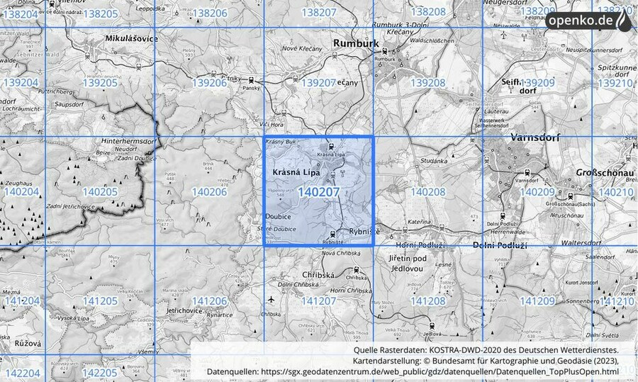 Übersichtskarte des KOSTRA-DWD-2020-Rasterfeldes Nr. 140207