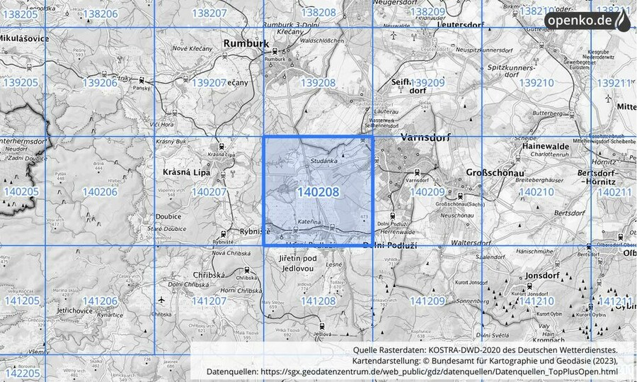 Übersichtskarte des KOSTRA-DWD-2020-Rasterfeldes Nr. 140208