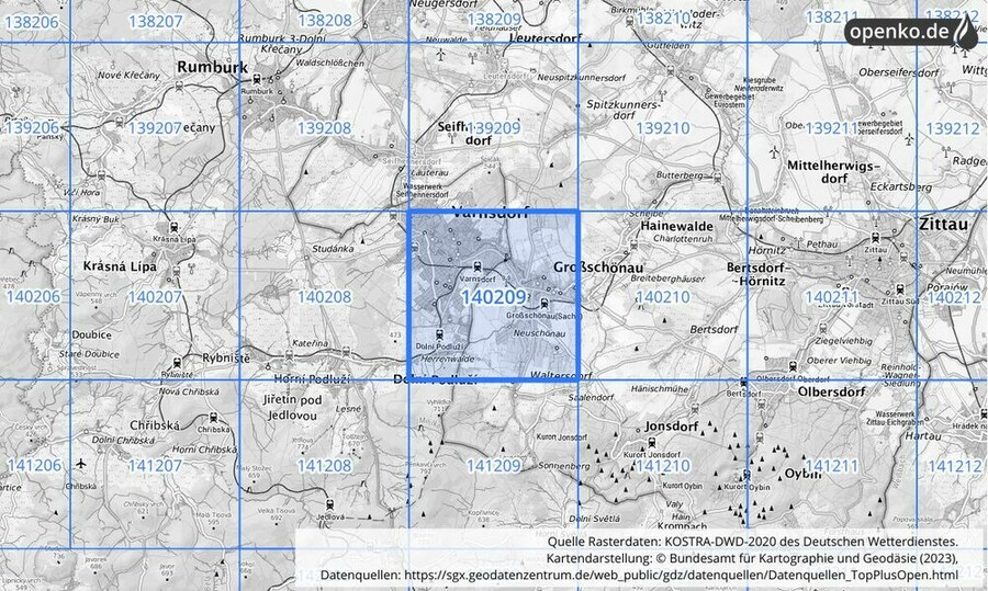 Übersichtskarte des KOSTRA-DWD-2020-Rasterfeldes Nr. 140209