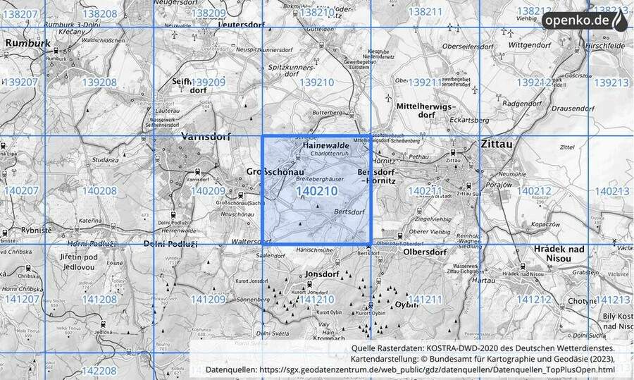 Übersichtskarte des KOSTRA-DWD-2020-Rasterfeldes Nr. 140210