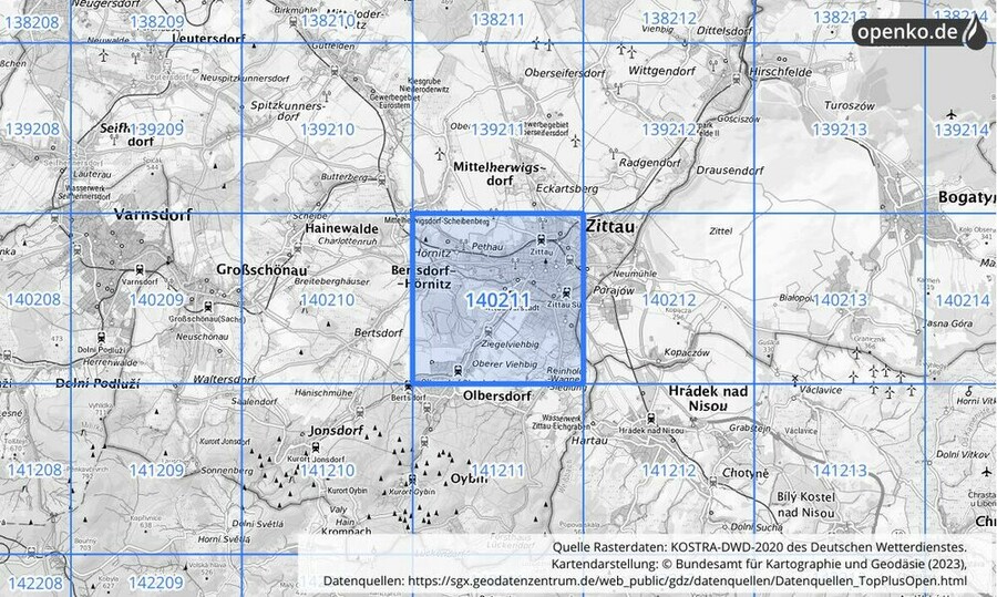 Übersichtskarte des KOSTRA-DWD-2020-Rasterfeldes Nr. 140211