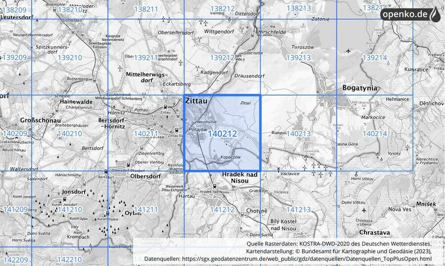 Übersichtskarte des KOSTRA-DWD-2020-Rasterfeldes Nr. 140212