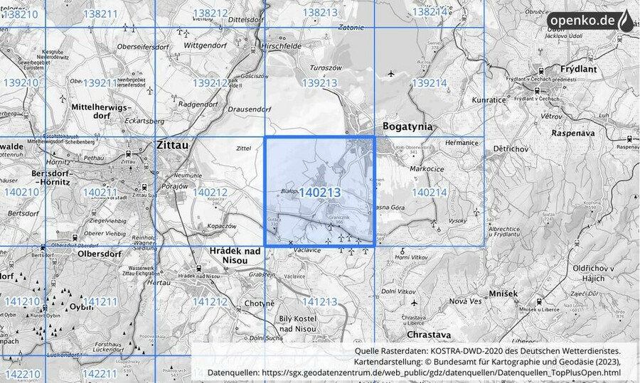 Übersichtskarte des KOSTRA-DWD-2020-Rasterfeldes Nr. 140213