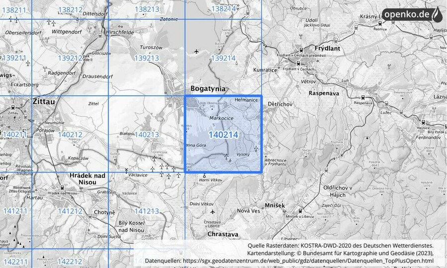 Übersichtskarte des KOSTRA-DWD-2020-Rasterfeldes Nr. 140214