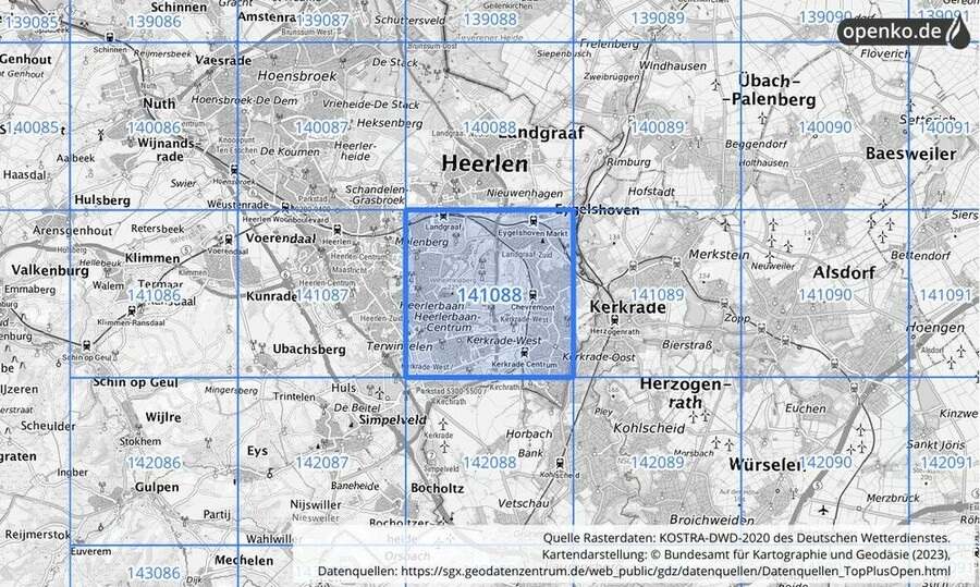 Übersichtskarte des KOSTRA-DWD-2020-Rasterfeldes Nr. 141088