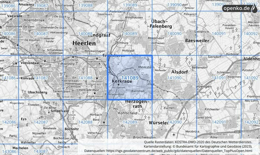 Übersichtskarte des KOSTRA-DWD-2020-Rasterfeldes Nr. 141089