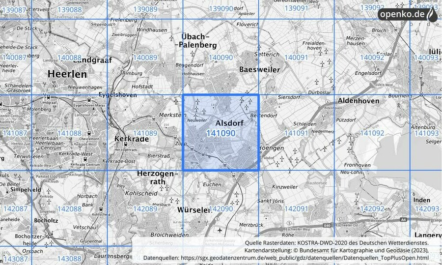 Übersichtskarte des KOSTRA-DWD-2020-Rasterfeldes Nr. 141090