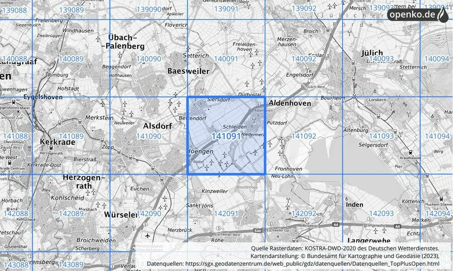 Übersichtskarte des KOSTRA-DWD-2020-Rasterfeldes Nr. 141091