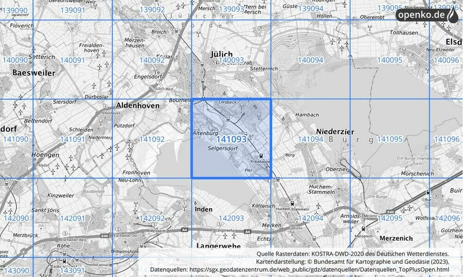 Übersichtskarte des KOSTRA-DWD-2020-Rasterfeldes Nr. 141093