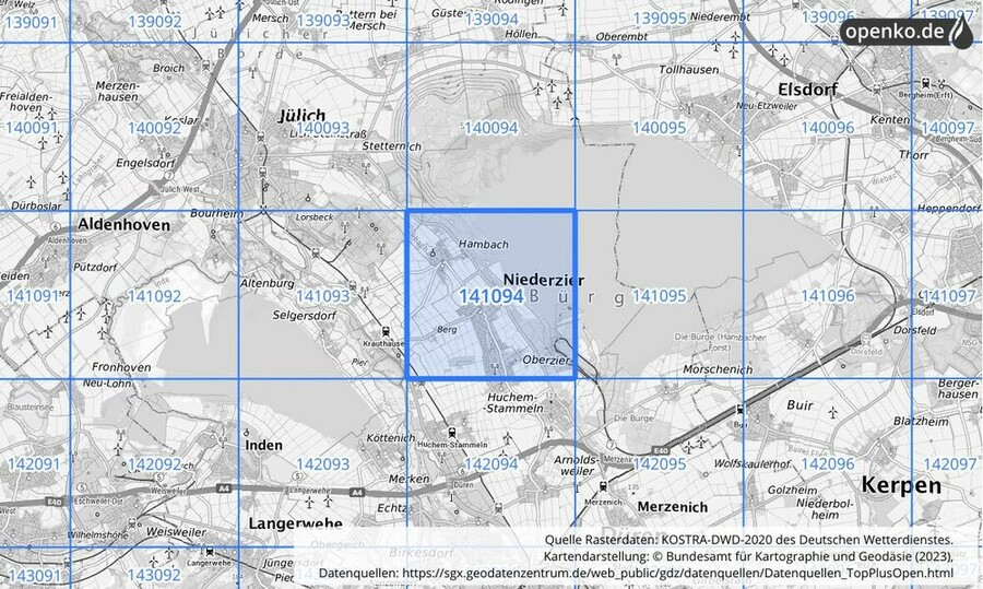 Übersichtskarte des KOSTRA-DWD-2020-Rasterfeldes Nr. 141094