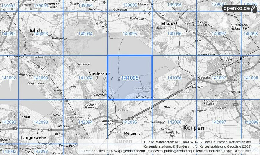 Übersichtskarte des KOSTRA-DWD-2020-Rasterfeldes Nr. 141095