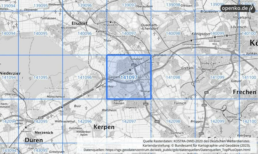 Übersichtskarte des KOSTRA-DWD-2020-Rasterfeldes Nr. 141097