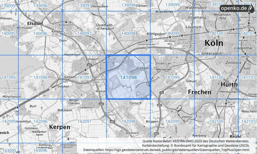 Übersichtskarte des KOSTRA-DWD-2020-Rasterfeldes Nr. 141098