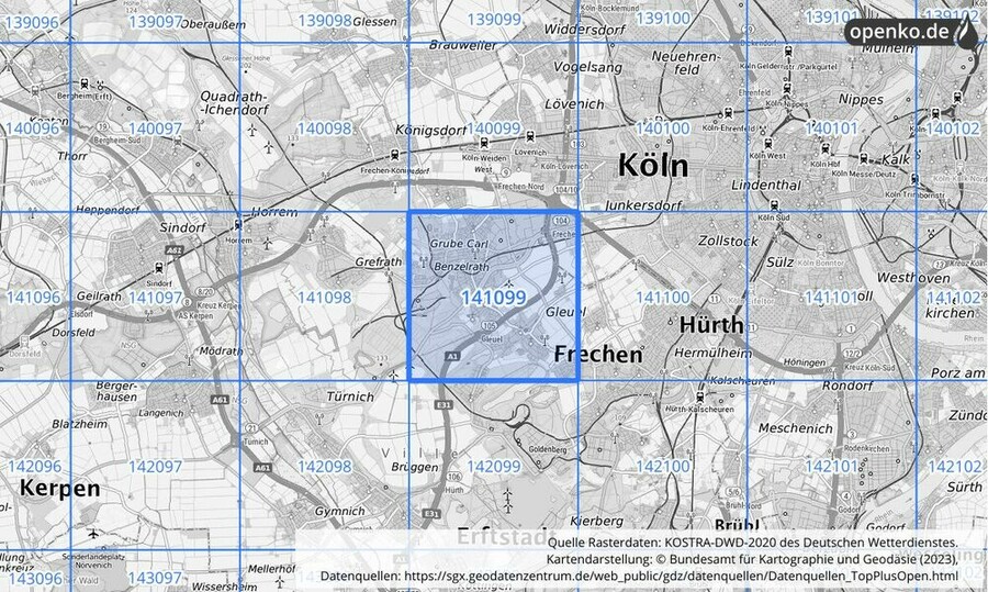 Übersichtskarte des KOSTRA-DWD-2020-Rasterfeldes Nr. 141099