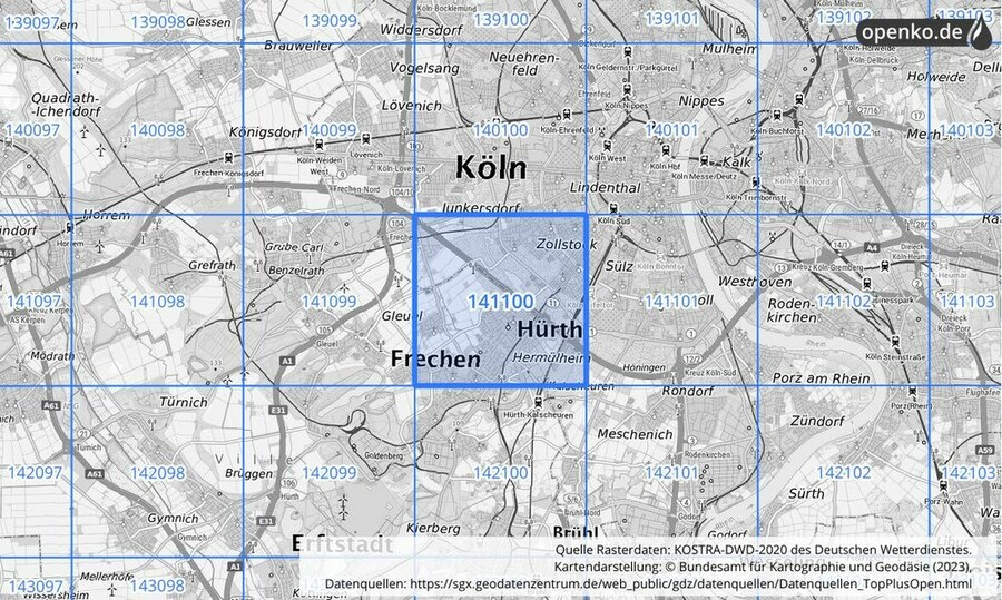 Übersichtskarte des KOSTRA-DWD-2020-Rasterfeldes Nr. 141100