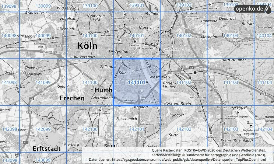 Übersichtskarte des KOSTRA-DWD-2020-Rasterfeldes Nr. 141101