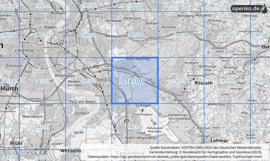 Übersichtskarte des KOSTRA-DWD-2020-Rasterfeldes Nr. 141103