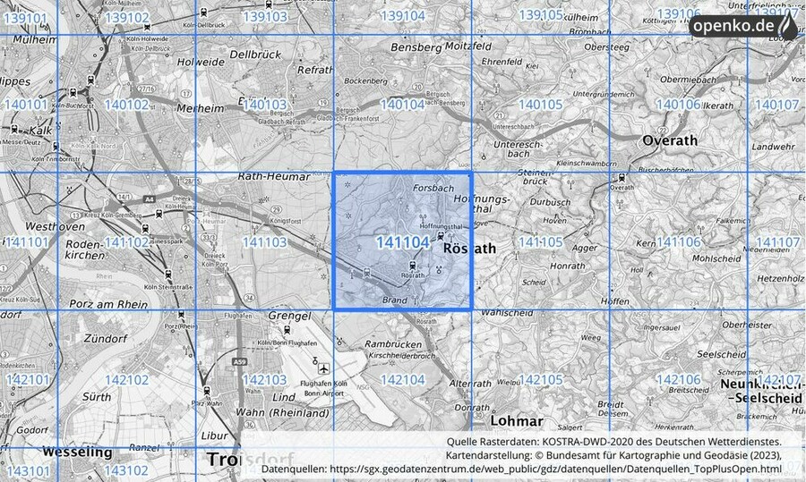 Übersichtskarte des KOSTRA-DWD-2020-Rasterfeldes Nr. 141104