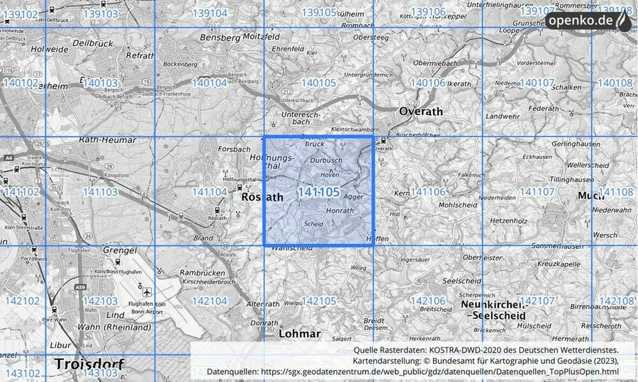 Übersichtskarte des KOSTRA-DWD-2020-Rasterfeldes Nr. 141105