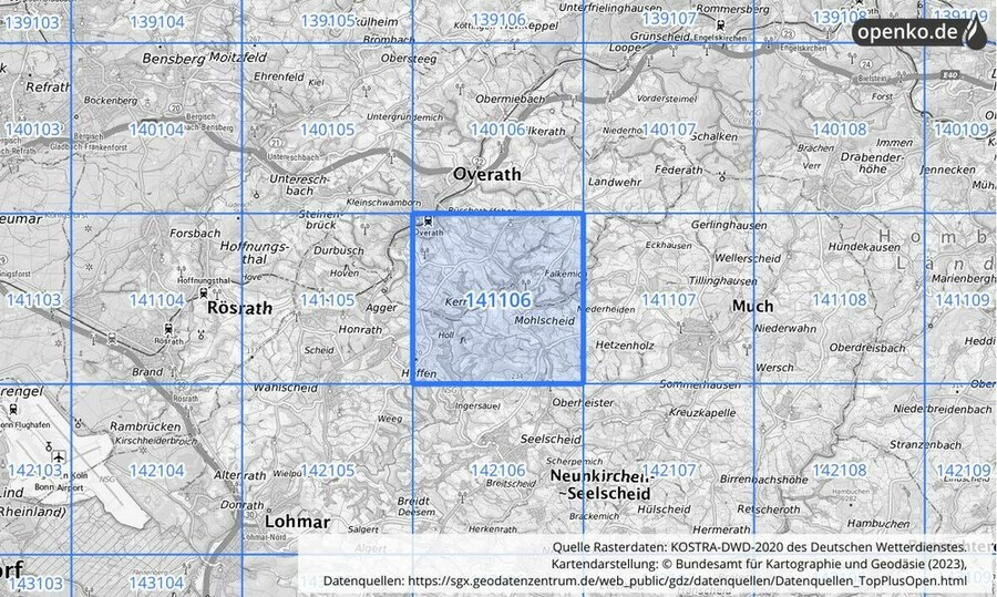 Übersichtskarte des KOSTRA-DWD-2020-Rasterfeldes Nr. 141106