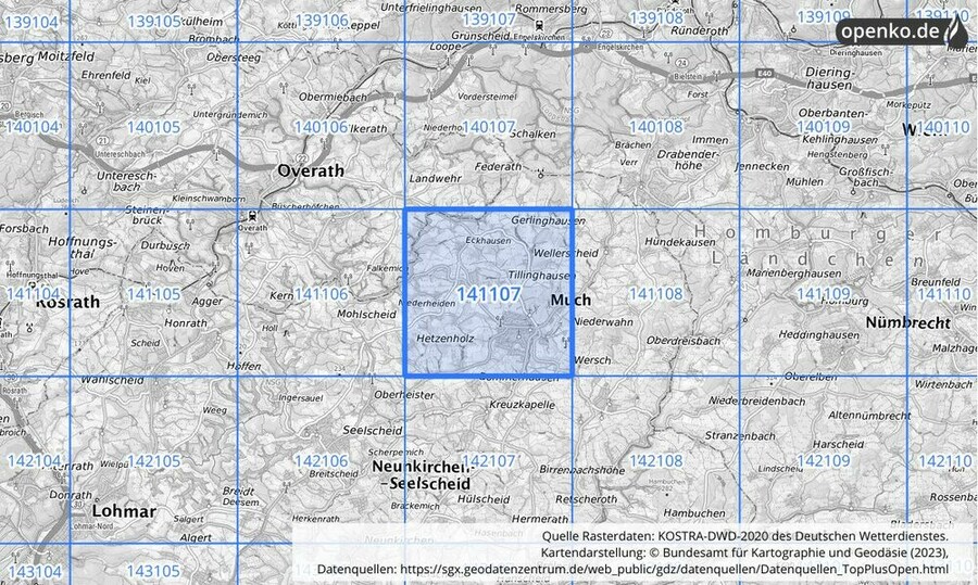 Übersichtskarte des KOSTRA-DWD-2020-Rasterfeldes Nr. 141107